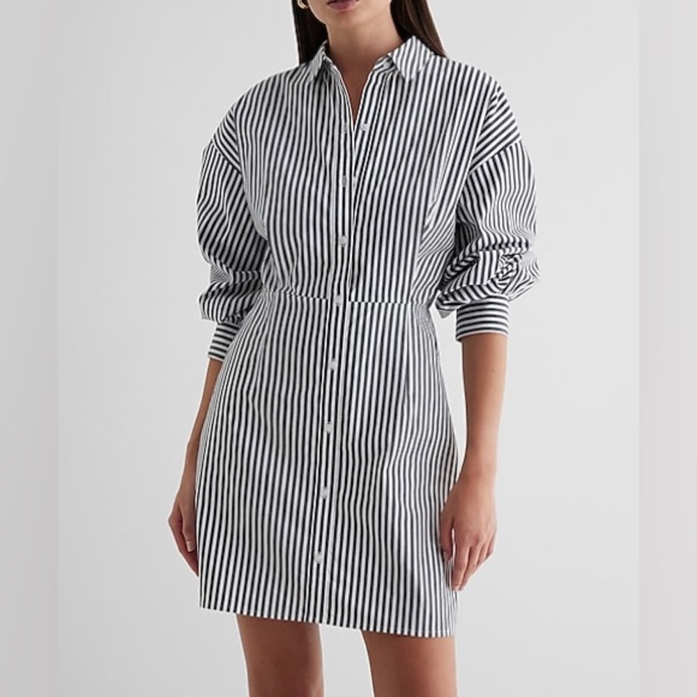 Express Black and White Vertical-Striped Mini Shirt Dress